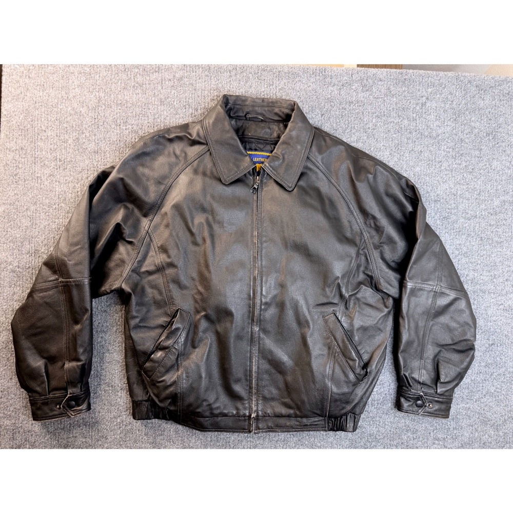 Airborne Leathers Mens Large Black Genuine Leather Bomber Jacket Vintage Biker L